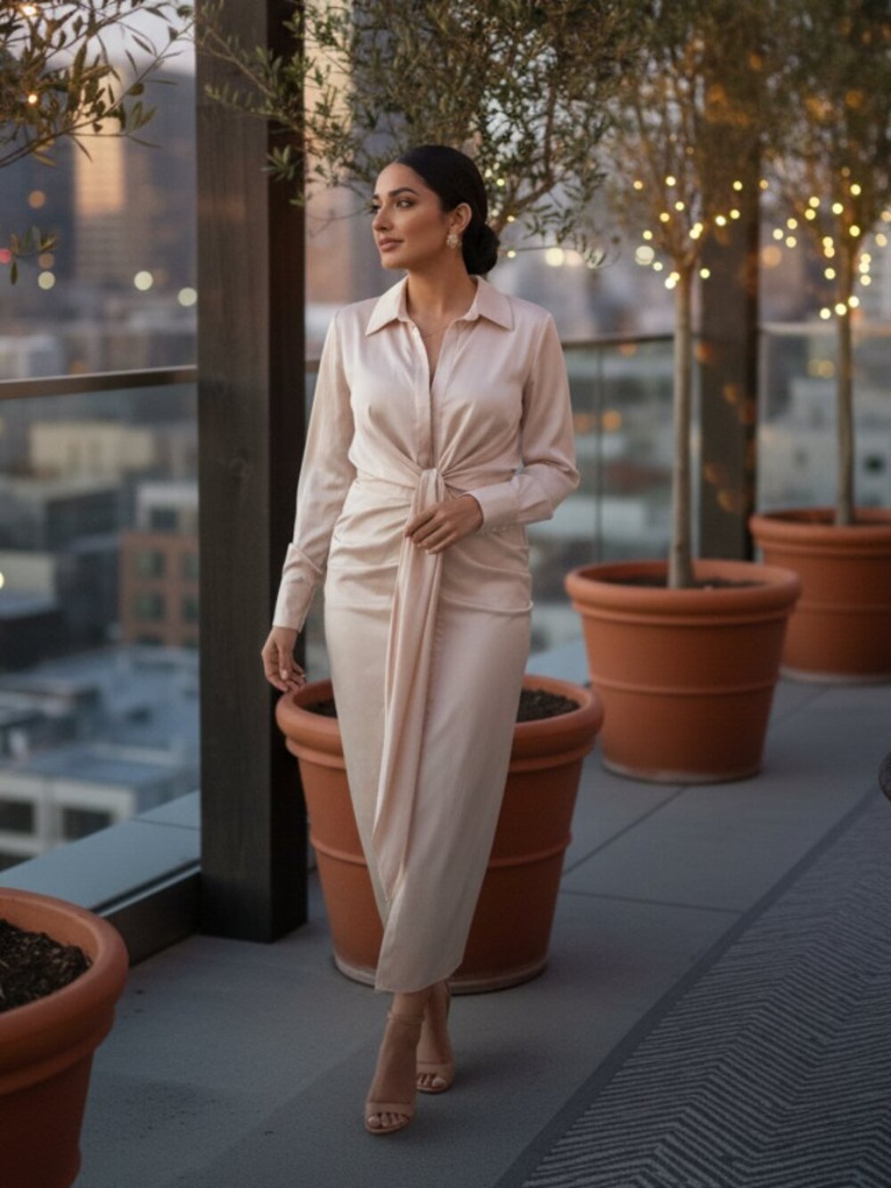 Quiet Luxury Satin Tie Front Maxi Dress